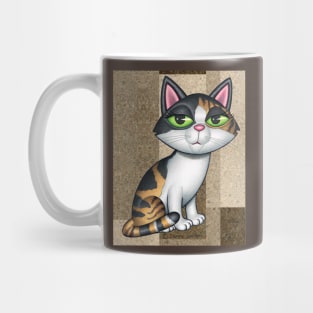 Fun Calico Kitty Cat on tan, brownish background shapes Mug